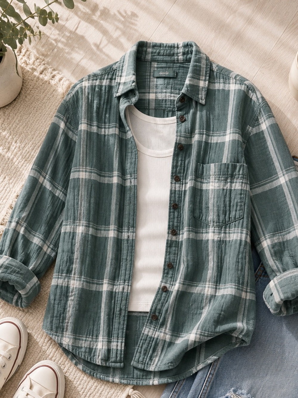 Green White Plaid Button-Up Flannel Shirt